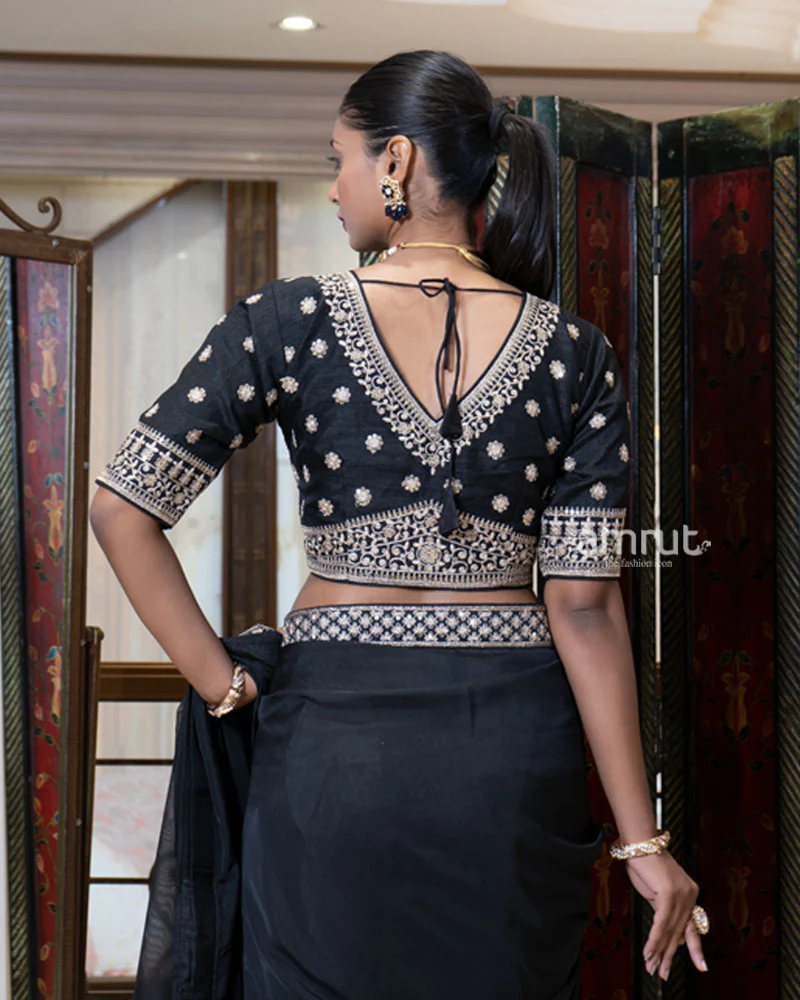 Black Saree with Golden Embroidered Stitched Blouse - Image 5