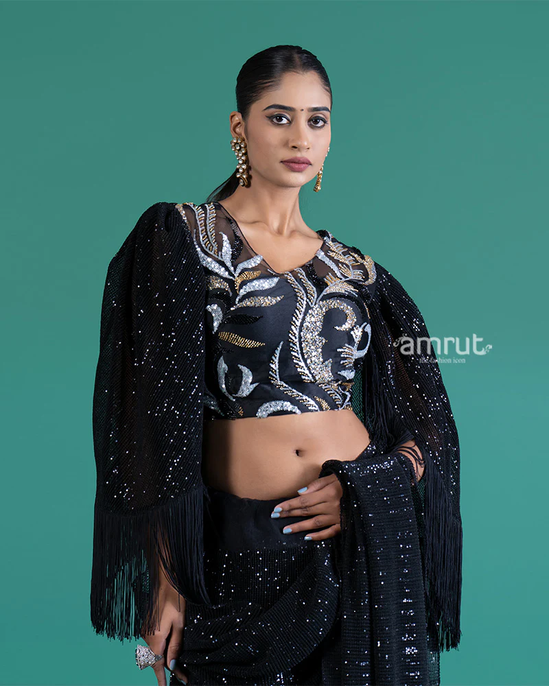 Black Sequin Embroidered Saree with Sheer Bell-Sleeve Fringe Blouse - Image 2