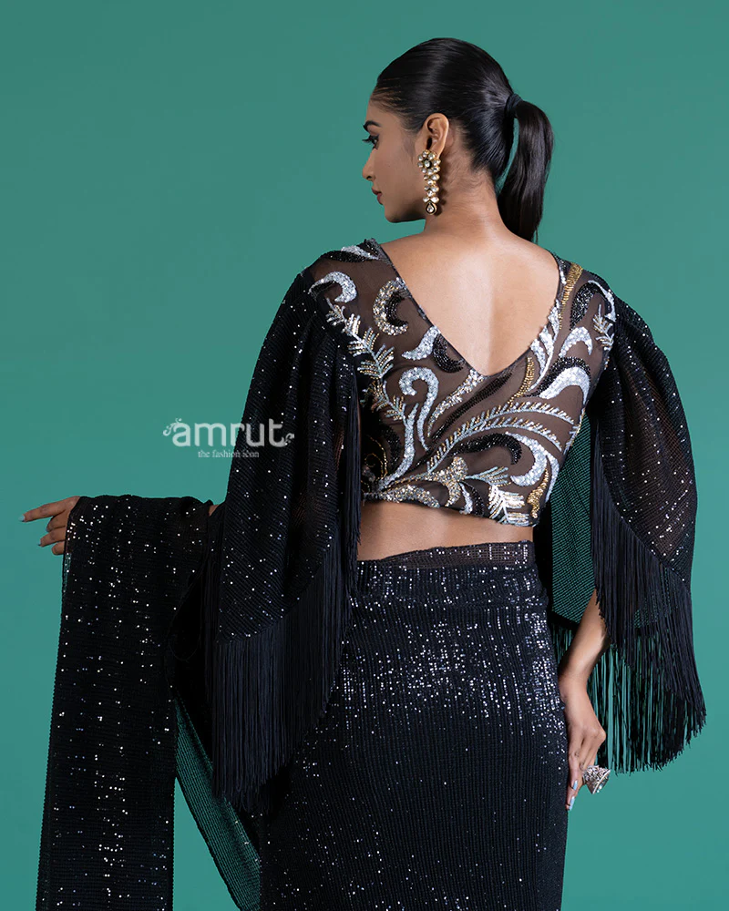 Black Sequin Embroidered Saree with Sheer Bell-Sleeve Fringe Blouse - Image 3