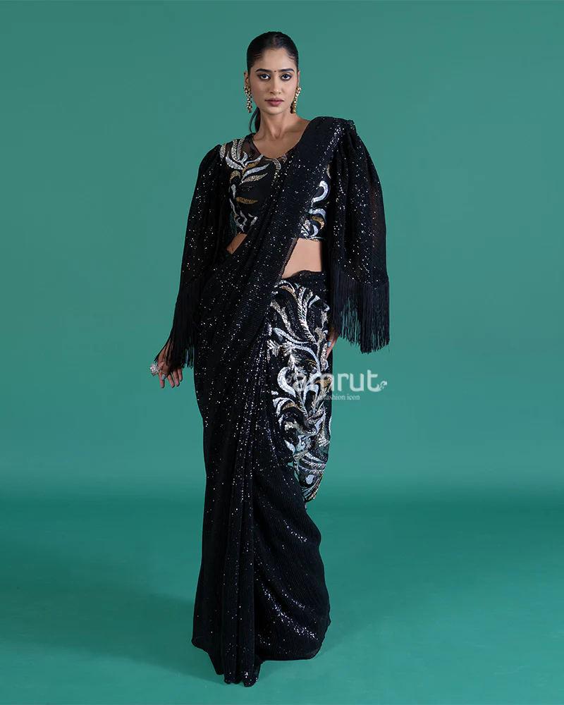 Black Sequin Embroidered Saree with Sheer Bell-Sleeve Fringe Blouse - Image 5