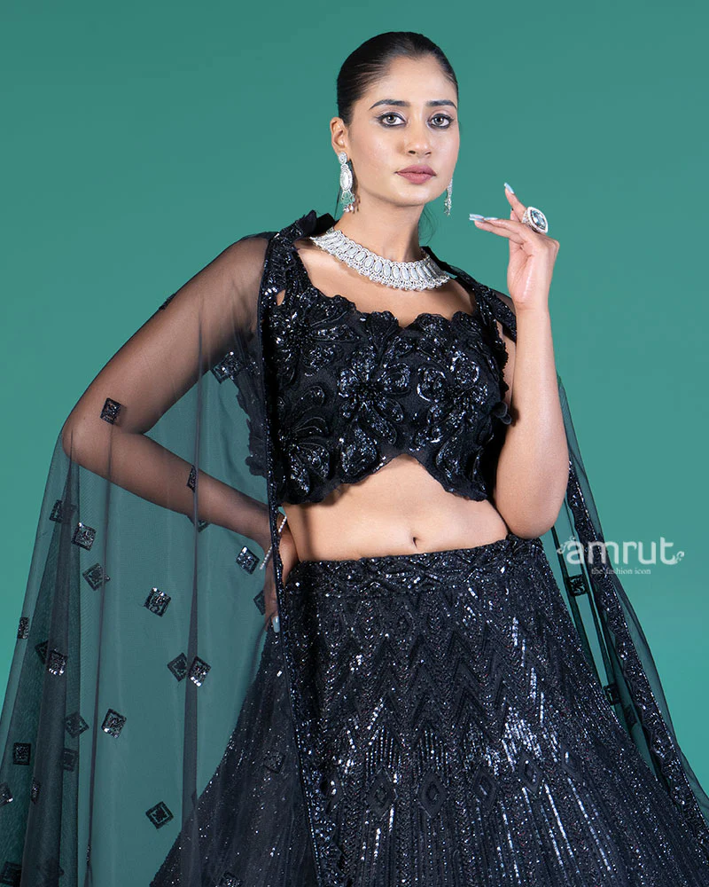Black Sequined Lehenga Choli with Embellished Crop Choli and Net Dupatta - Image 2
