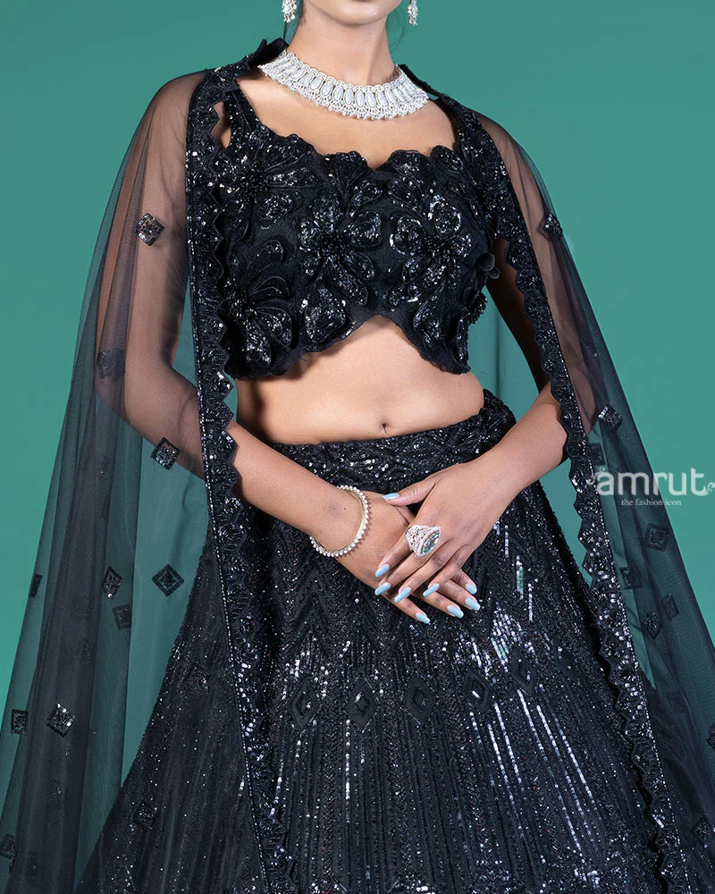 Black Sequined Lehenga Choli with Embellished Crop Choli and Net Dupatta - Image 3
