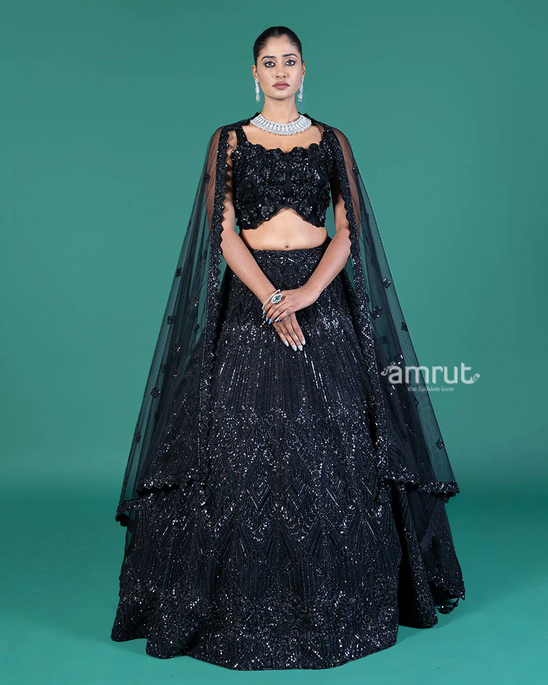 Black Sequined Lehenga Choli with Embellished Crop Choli and Net Dupatta - Image 4