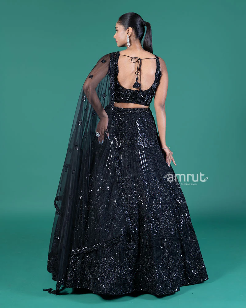 Black Sequined Lehenga Choli with Embellished Crop Choli and Net Dupatta - Image 5