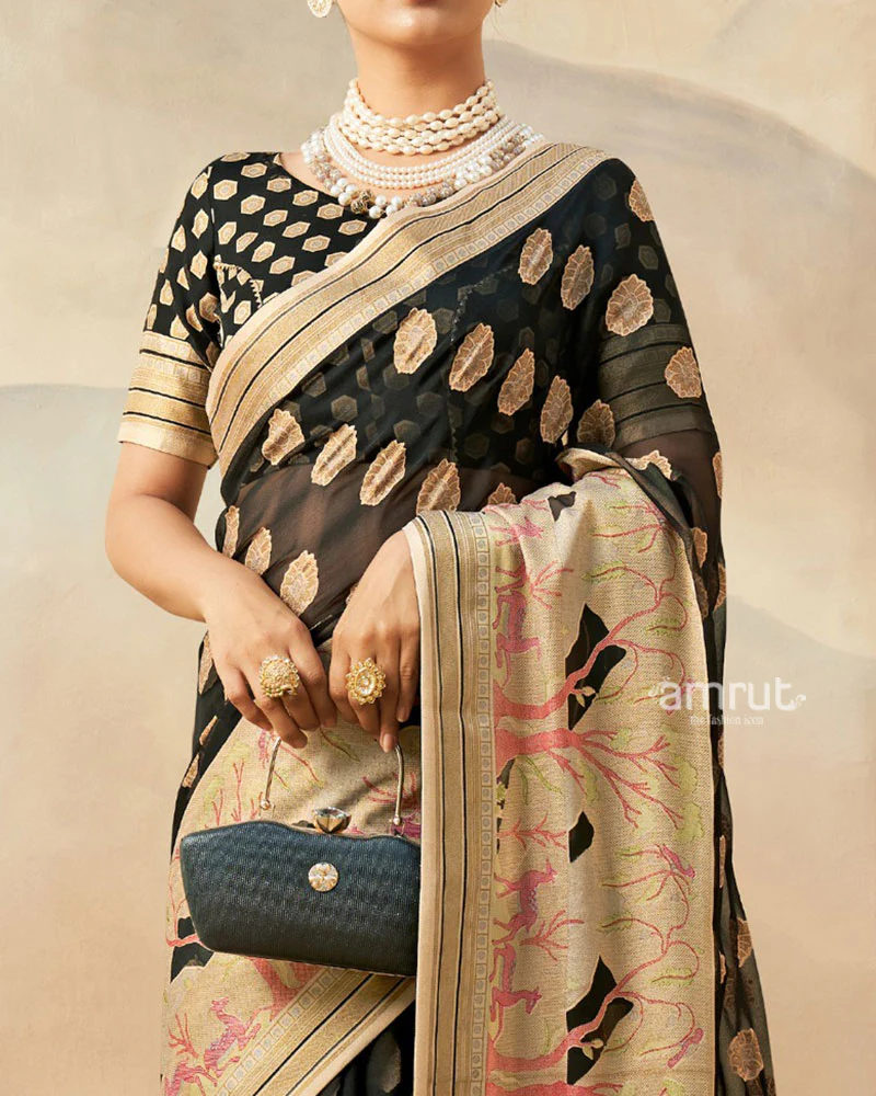 Black with Golden Polka Dots Nature Inspired Print Border Georgette Saree and Unstitched Blouse - Image 3