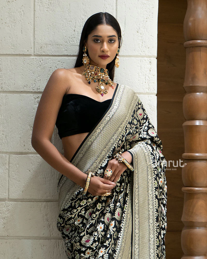 Black Zari Embellished Banarasi Khadi Georgette Saree with Unstitched Blouse - Image 2