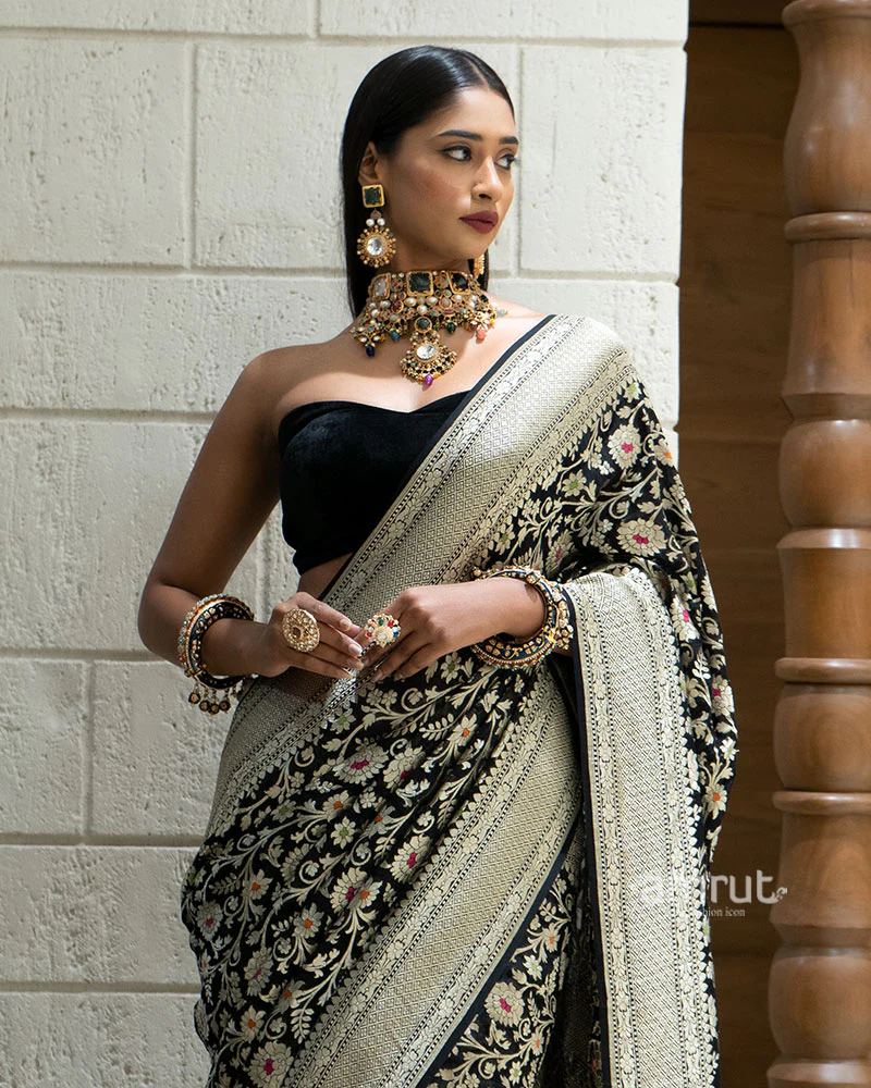 Black Zari Embellished Banarasi Khadi Georgette Saree with Unstitched Blouse - Image 3