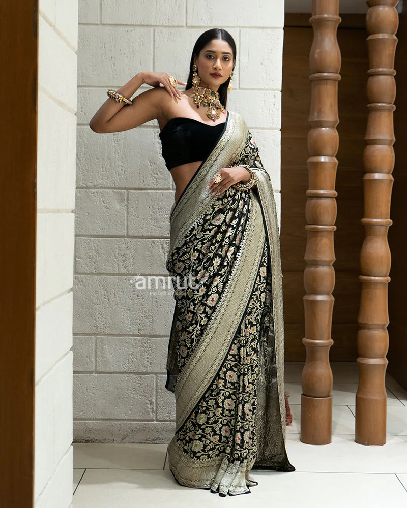 Black Zari Embellished Banarasi Khadi Georgette Saree with Unstitched Blouse - Image 4