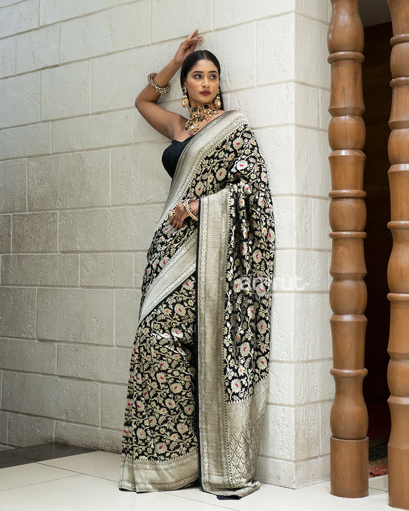 Black Zari Embellished Banarasi Khadi Georgette Saree with Unstitched Blouse - Image 5