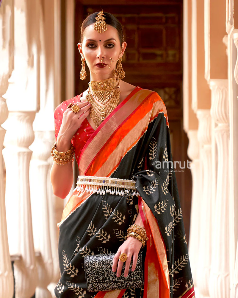 Black Zari Embellished Borders Silk Saree with Unstitched Blouse - Image 2