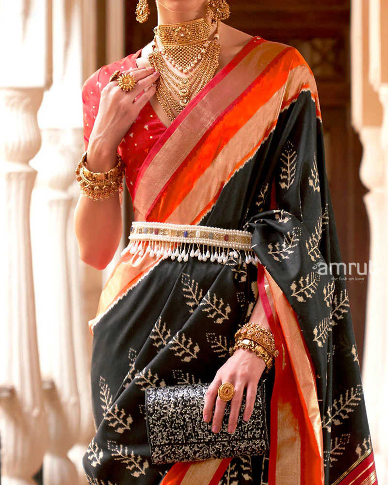 Black Zari Embellished Borders Silk Saree with Unstitched Blouse - Image 3