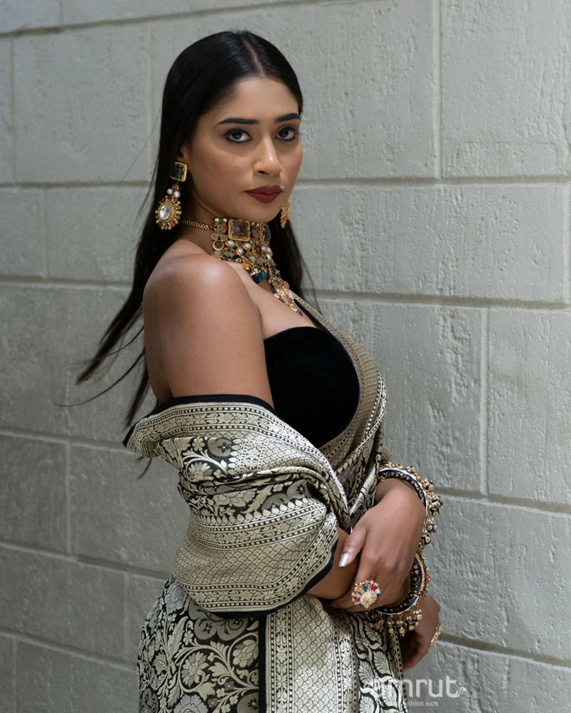 Black Zari Embroidered Banarasi Khadi Georgette Saree with Unstitched Blouse - Image 4