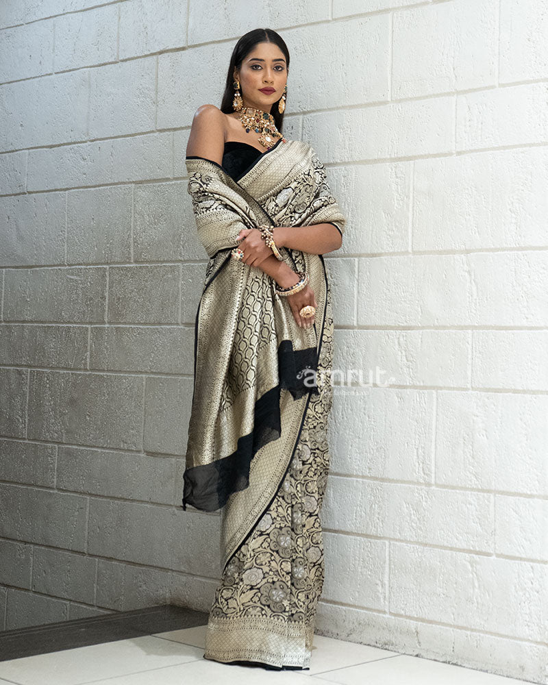 Black Zari Embroidered Banarasi Khadi Georgette Saree with Unstitched Blouse - Image 5