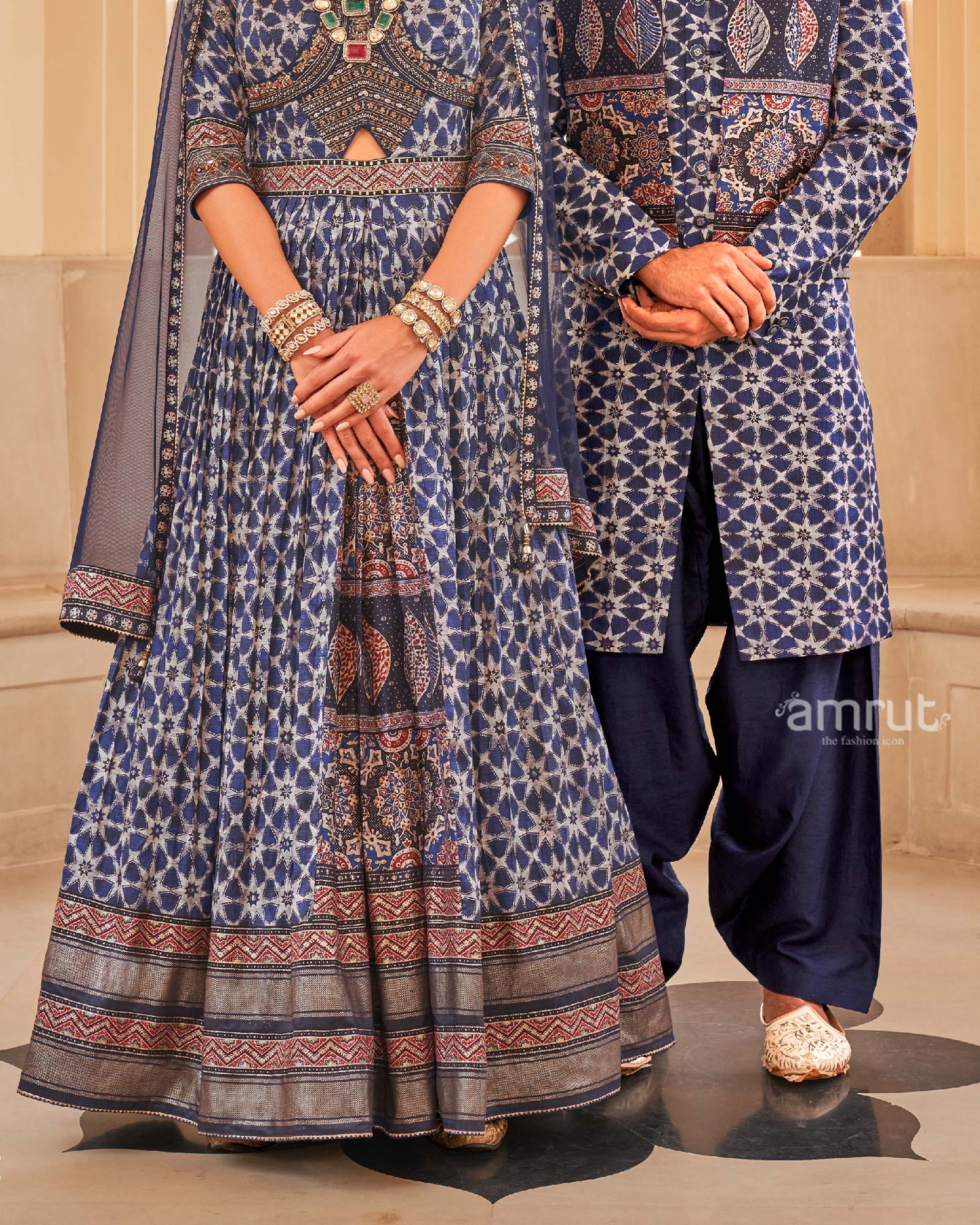 Blue Anarkali Dress and Men Blue Kurta Set with Printed Coat - Image 3