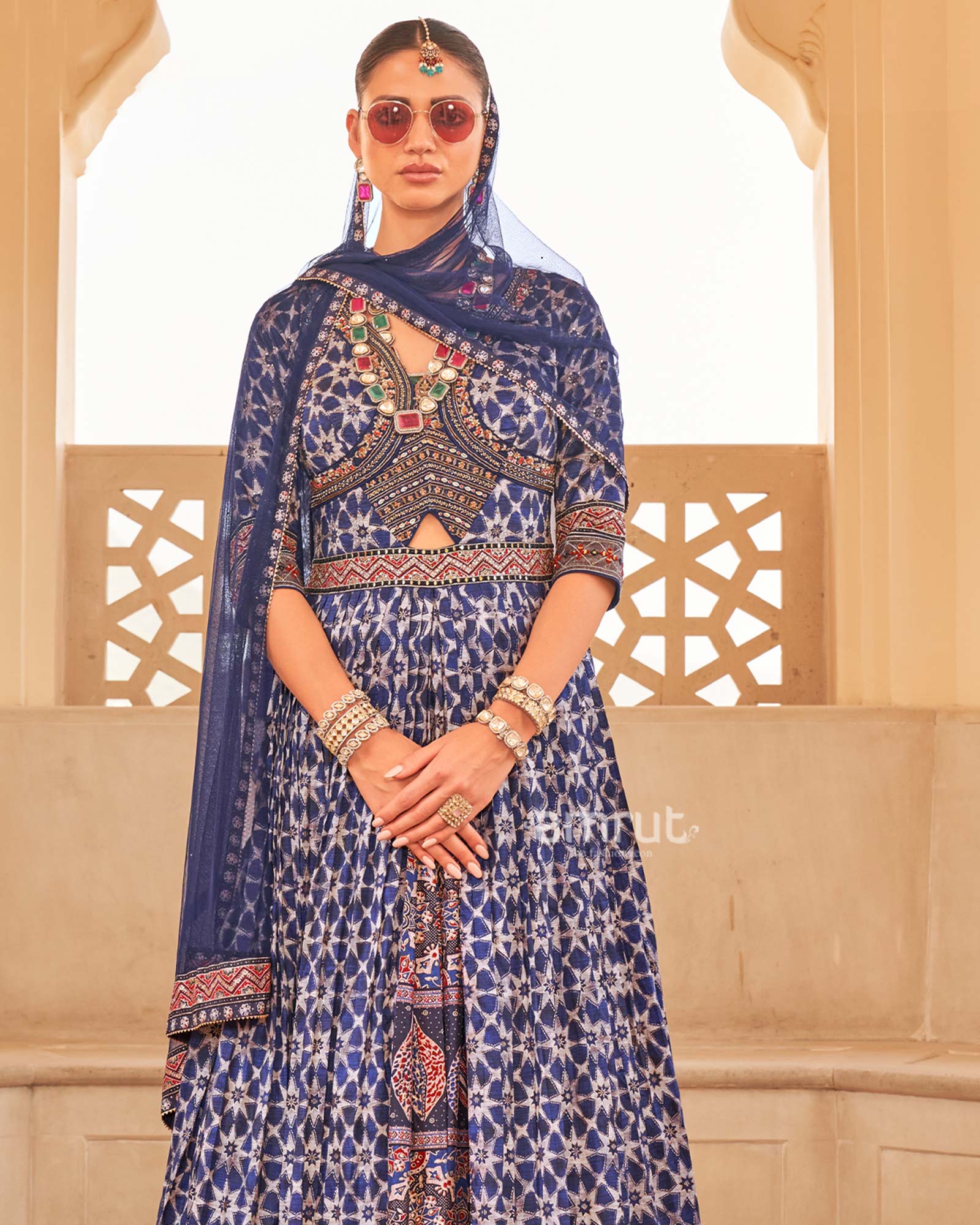 Blue Anarkali Dress and Men Blue Kurta Set with Printed Coat - Image 4