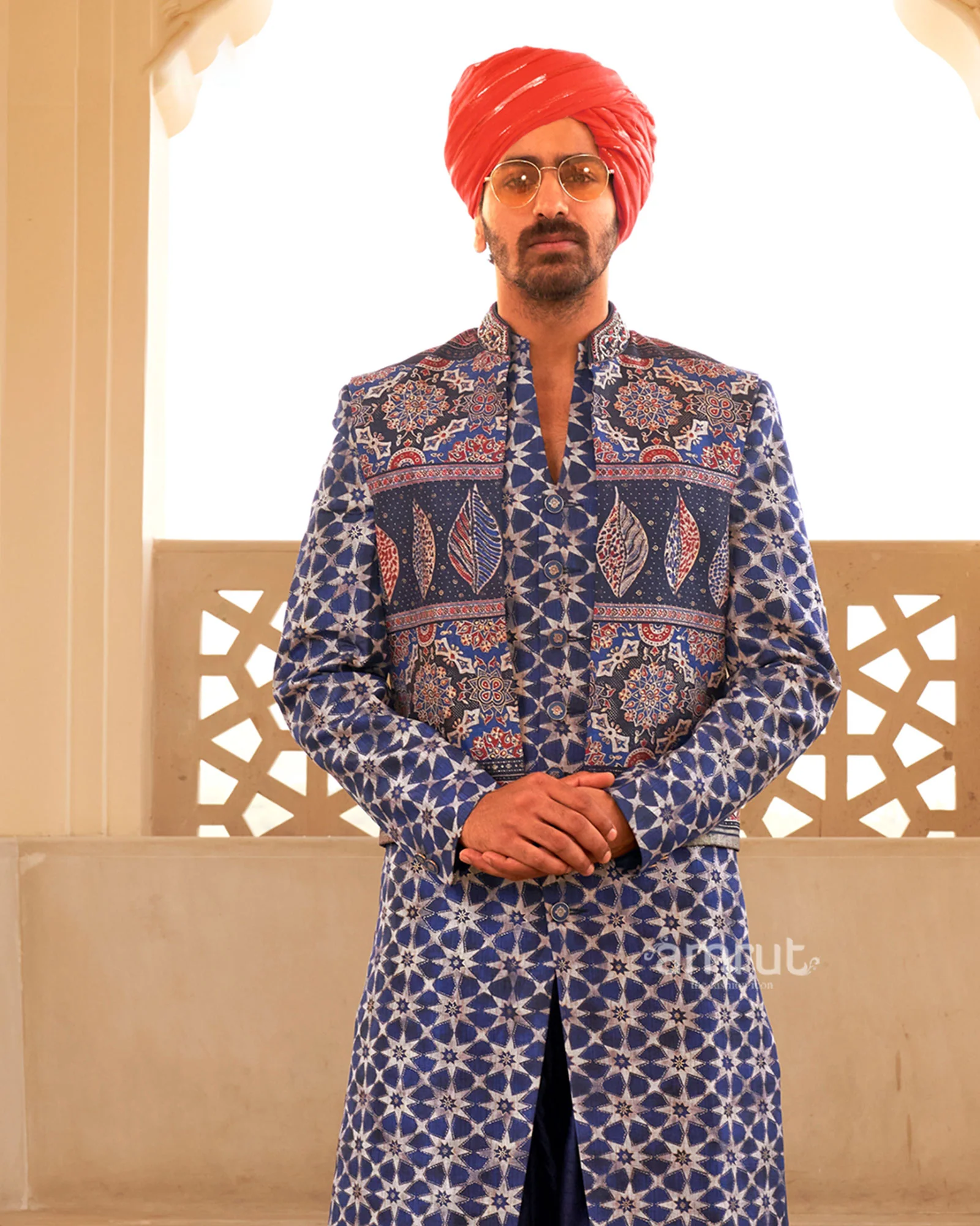 Blue Anarkali Dress and Men Blue Kurta Set with Printed Coat - Image 5