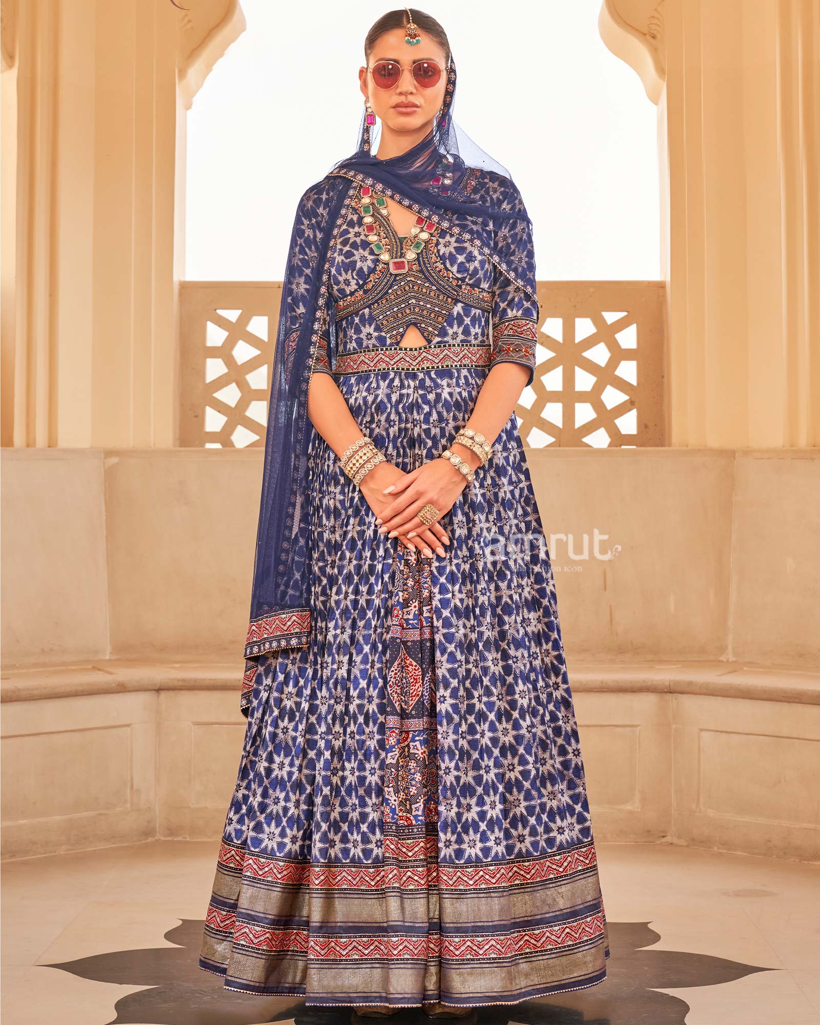 Blue Anarkali Dress and Men Blue Kurta Set with Printed Coat - Image 6