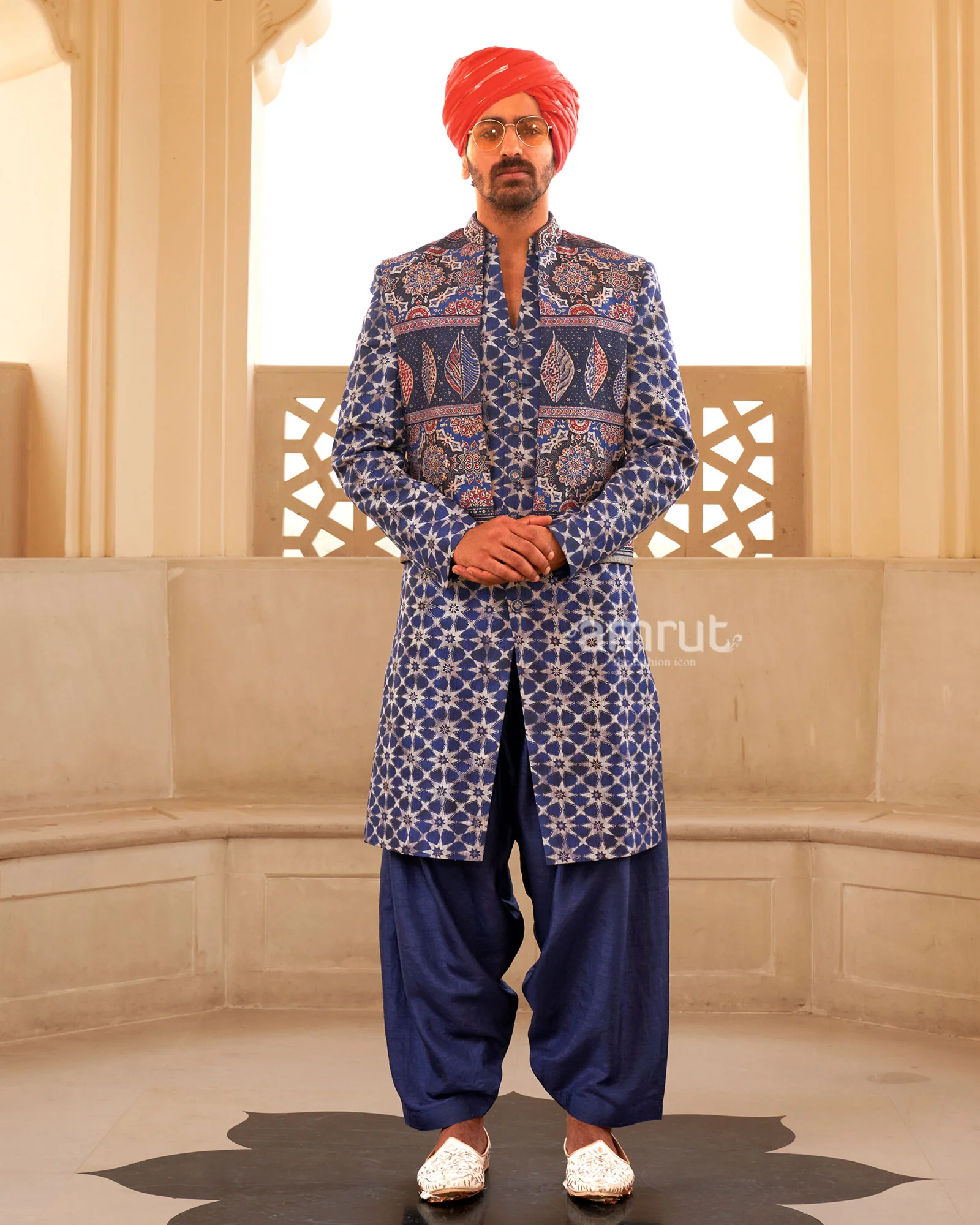 Blue Anarkali Dress and Men Blue Kurta Set with Printed Coat - Image 7