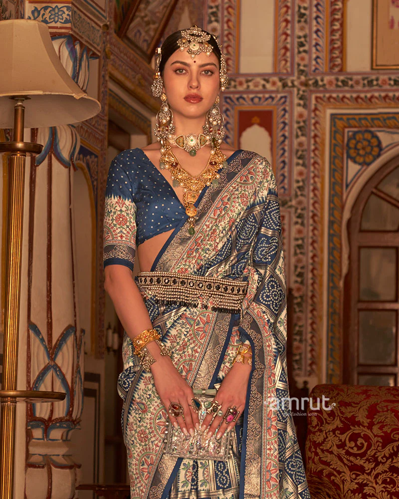 Blue and Cream Bandhani Saree with Unstitched Blouse - Image 2