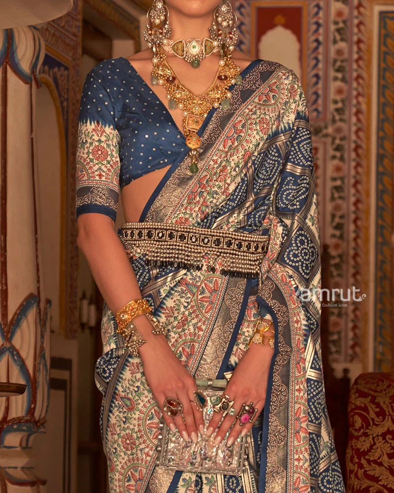 Blue and Cream Bandhani Saree with Unstitched Blouse - Image 3