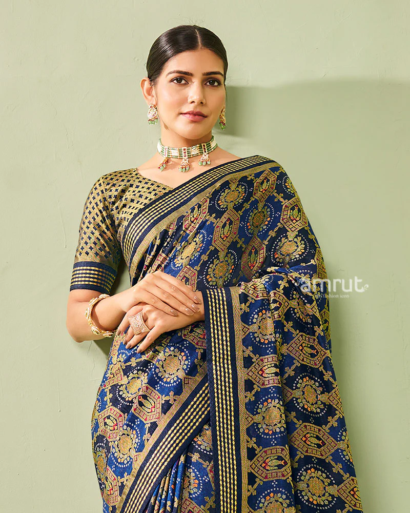 Blue and Golden Floral-Pattern Georgette Saree with Unstitched Blouse - Image 2