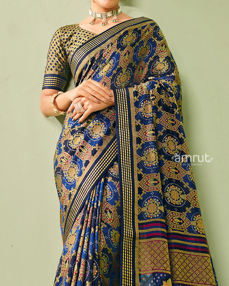 Blue and Golden Floral-Pattern Georgette Saree with Unstitched Blouse - Image 3