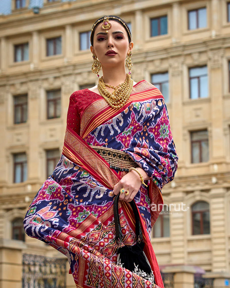 Blue and Multicolor Patola Printed Saree with Zari Border & Unstitched Blouse - Image 2