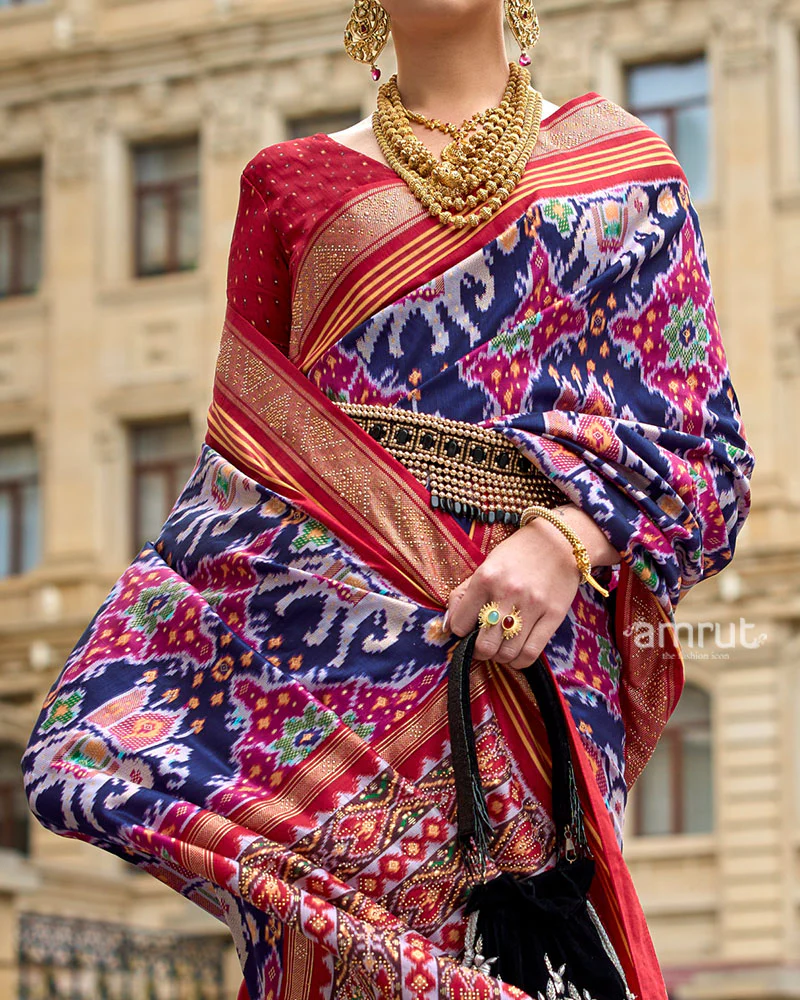 Blue and Multicolor Patola Printed Saree with Zari Border & Unstitched Blouse - Image 3