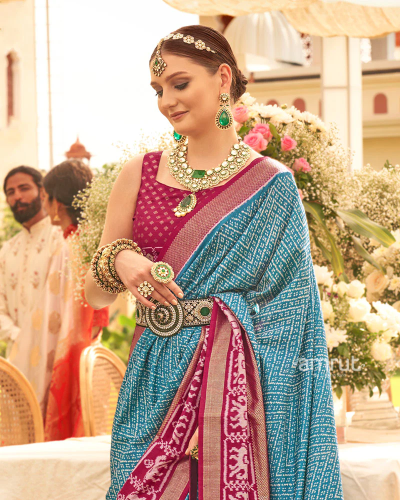 Blue and Pink Blue Zari Border Patola Silk Saree with Unstitched Blouse - Image 2