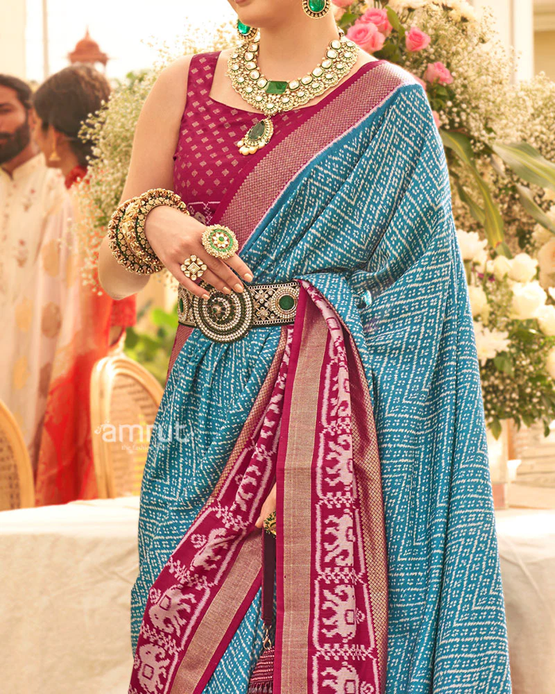 Blue and Pink Blue Zari Border Patola Silk Saree with Unstitched Blouse - Image 3