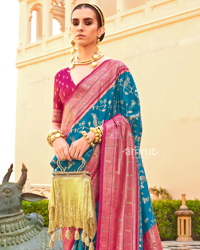 Blue and Pink contrast Border Zari weaving Paithani Silk Saree with Unstitched Blouse - Image 2