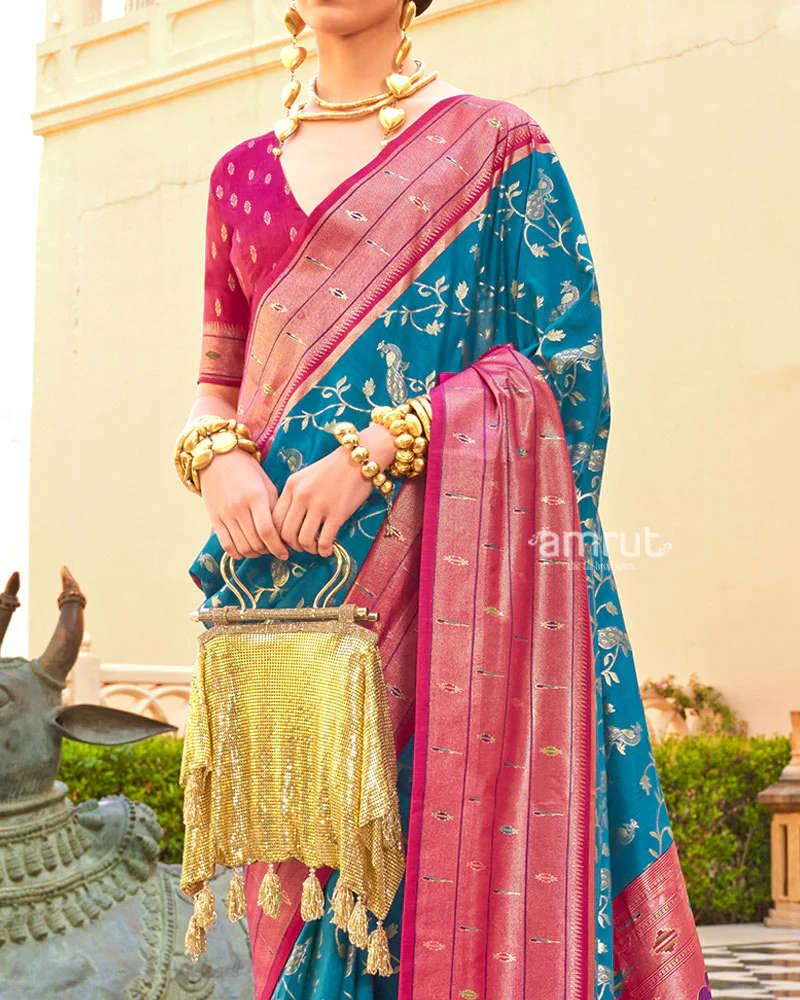 Blue and Pink contrast Border Zari weaving Paithani Silk Saree with Unstitched Blouse - Image 3