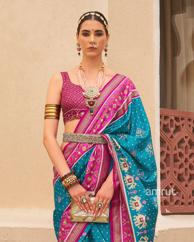 Blue and Pink Ethnic Printed Patola Silk Saree with Unstitched Blouse - Image 2