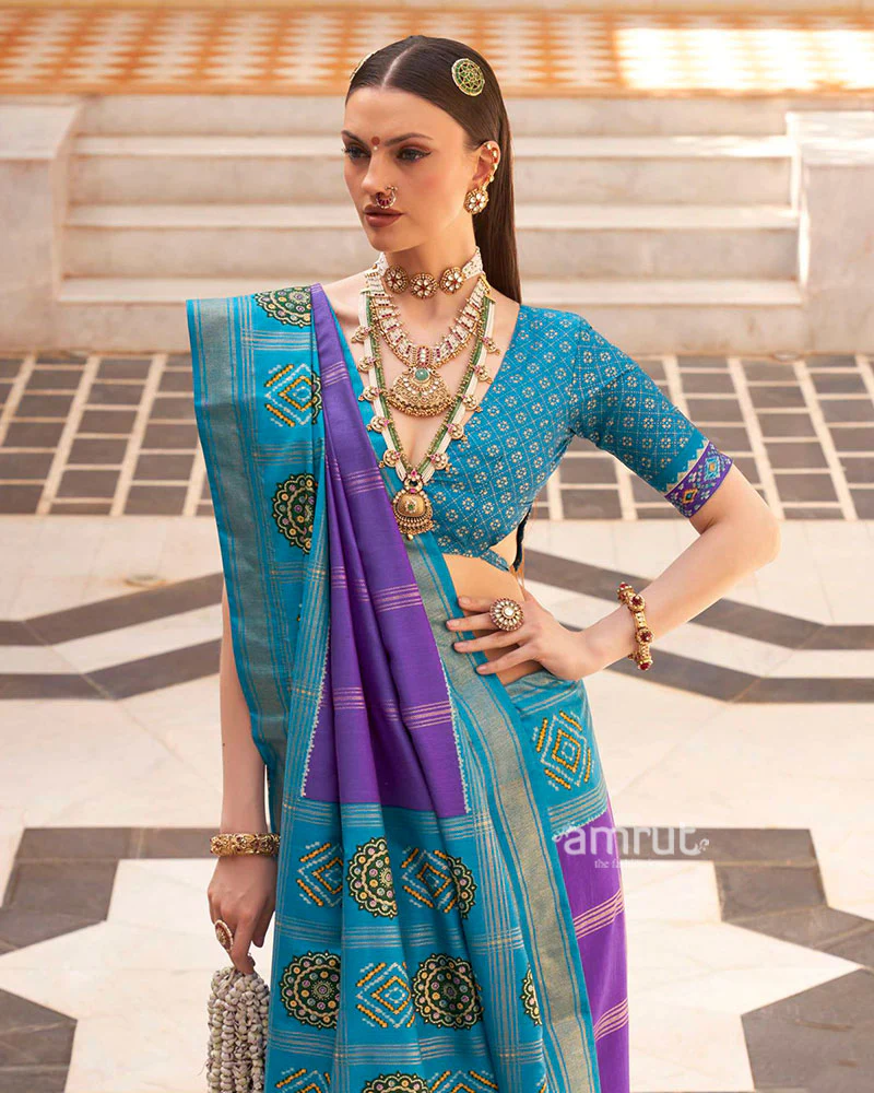 Blue and Purple Printed Patola Silk Saree with Unstitched Blouse - Image 2