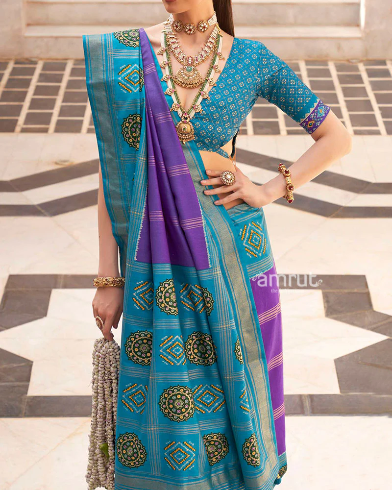 Blue and Purple Printed Patola Silk Saree with Unstitched Blouse - Image 3