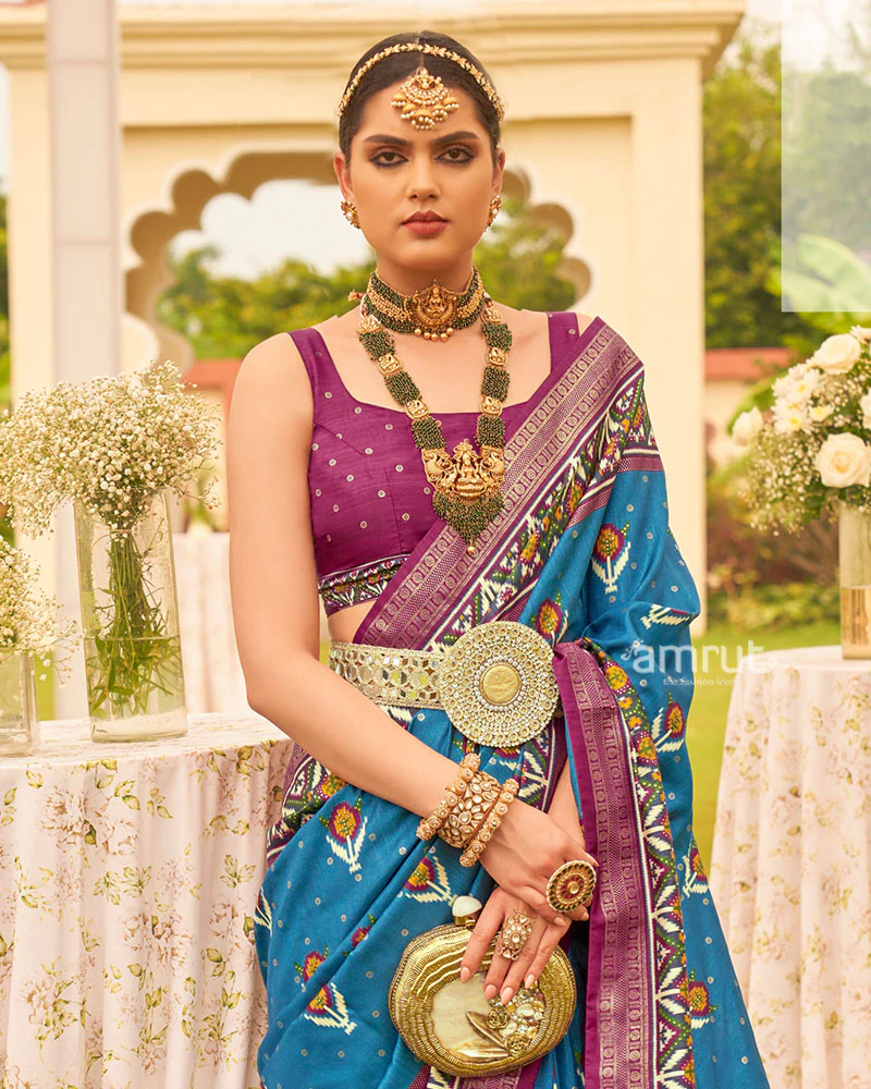 Blue and Purple Printed Patola Silk Saree with Zari Border and Unstitched Blouse - Image 2