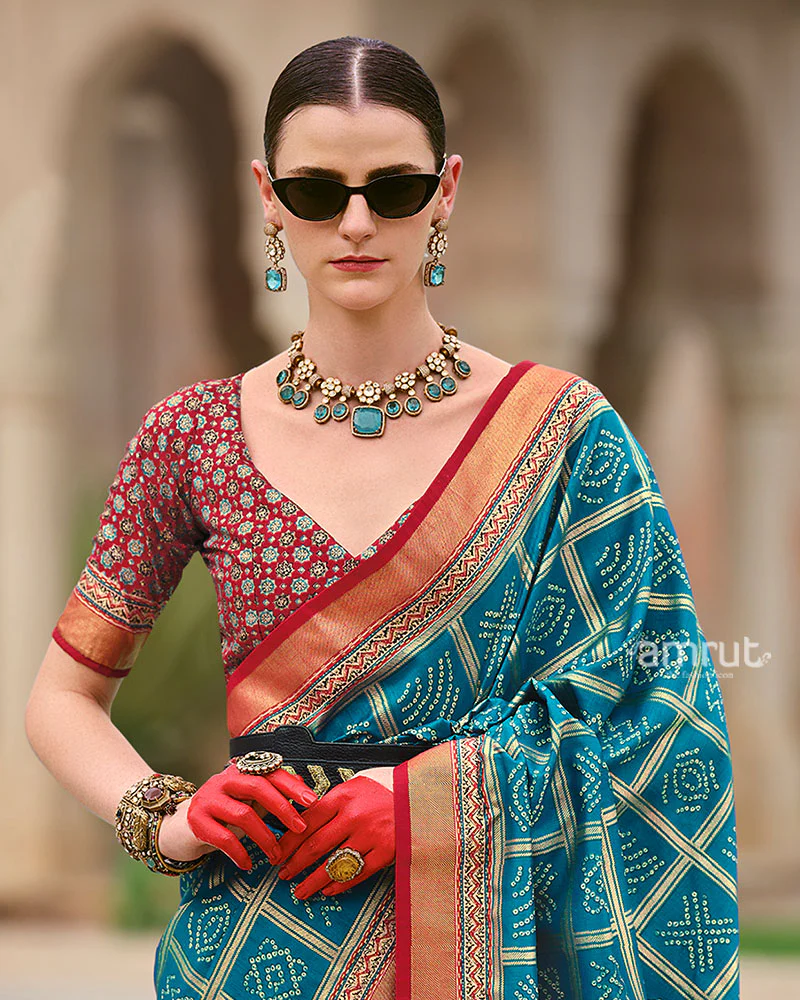 Blue Bandhani Printed Silk Saree with Unstitched Blouse - Image 2