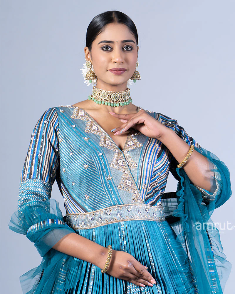 Blue Embellished Pleated Gown with Blue Dupatta - Image 2