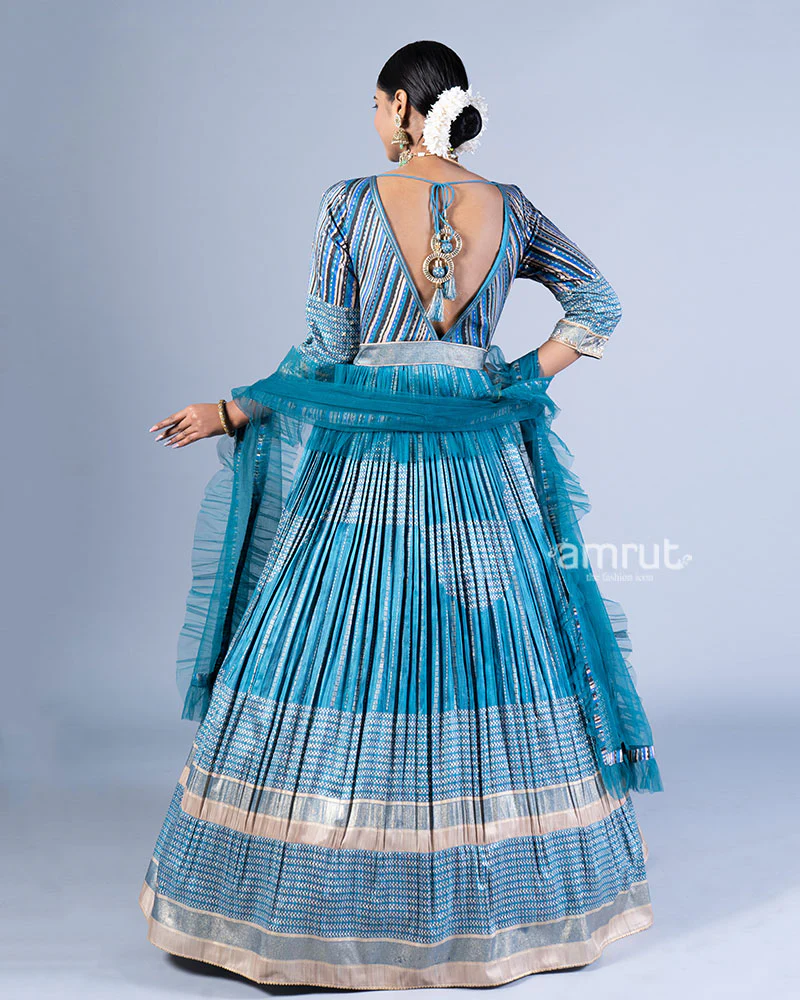 Blue Embellished Pleated Gown with Blue Dupatta - Image 3