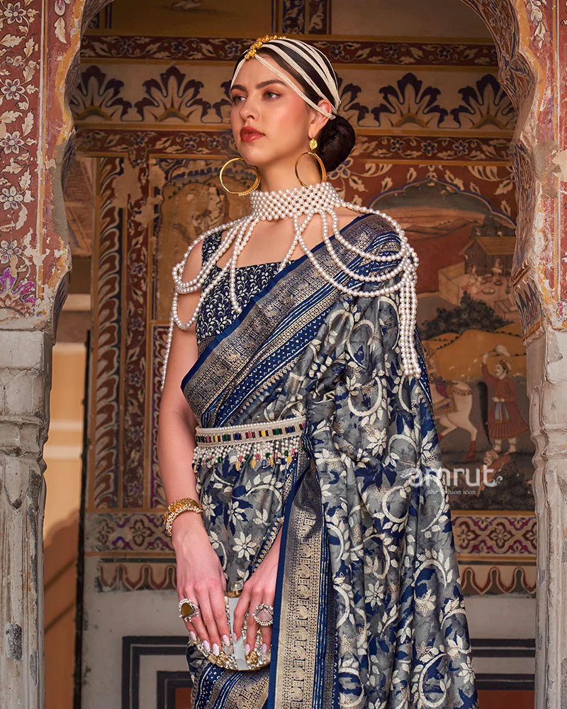 Blue Floral Printed Patola Saree with Zari Woven Border and Unstitched Blouse - Image 2