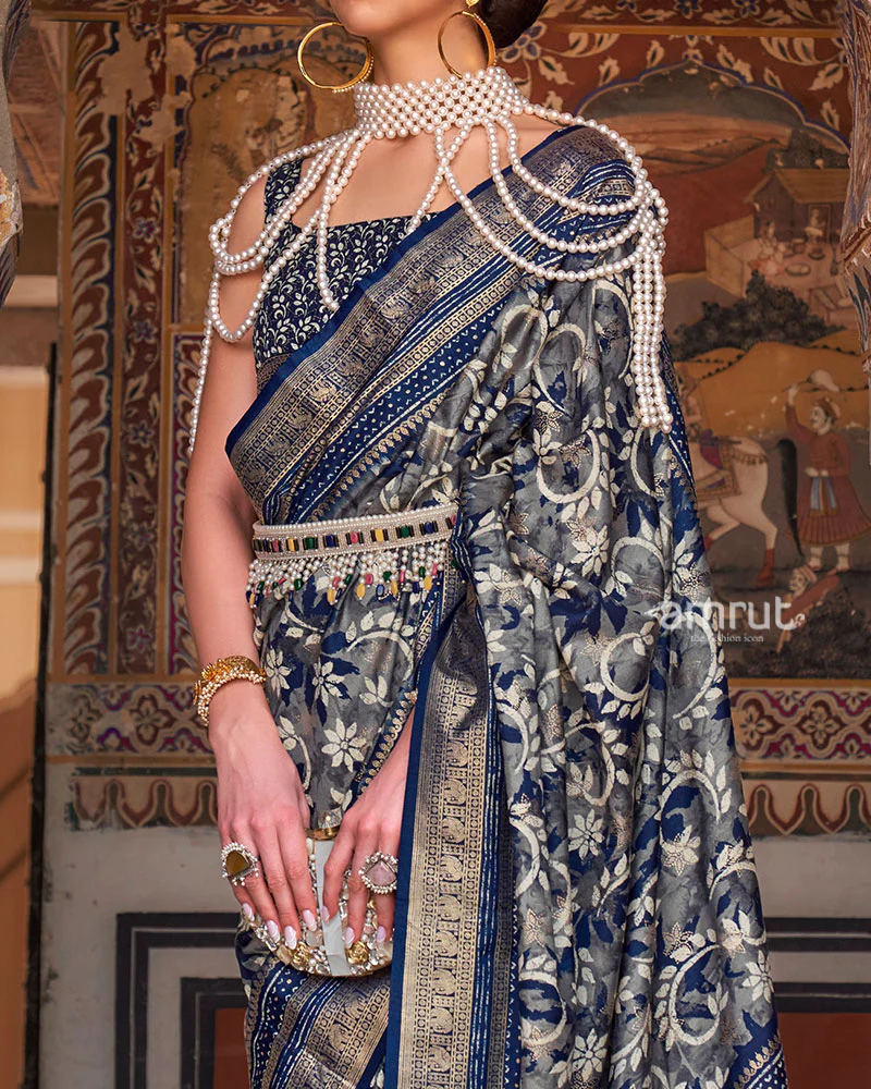 Blue Floral Printed Patola Saree with Zari Woven Border and Unstitched Blouse - Image 3