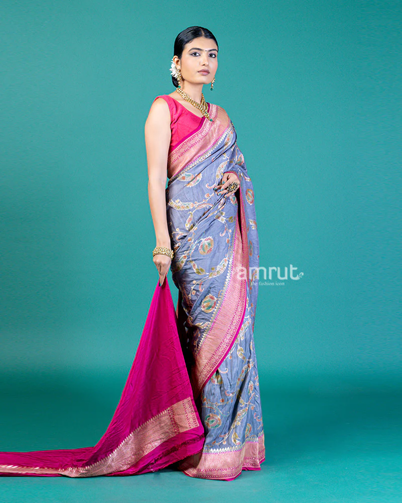 Blue-Grey Tussar Silk Saree with Zari Work and Vibrant Pallu, Unstitched Blouse - Image 3