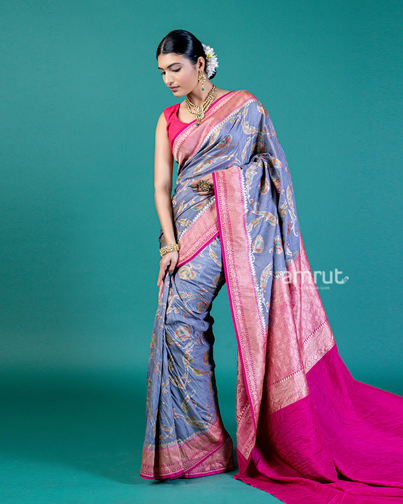 Blue-Grey Tussar Silk Saree with Zari Work and Vibrant Pallu, Unstitched Blouse - Image 4