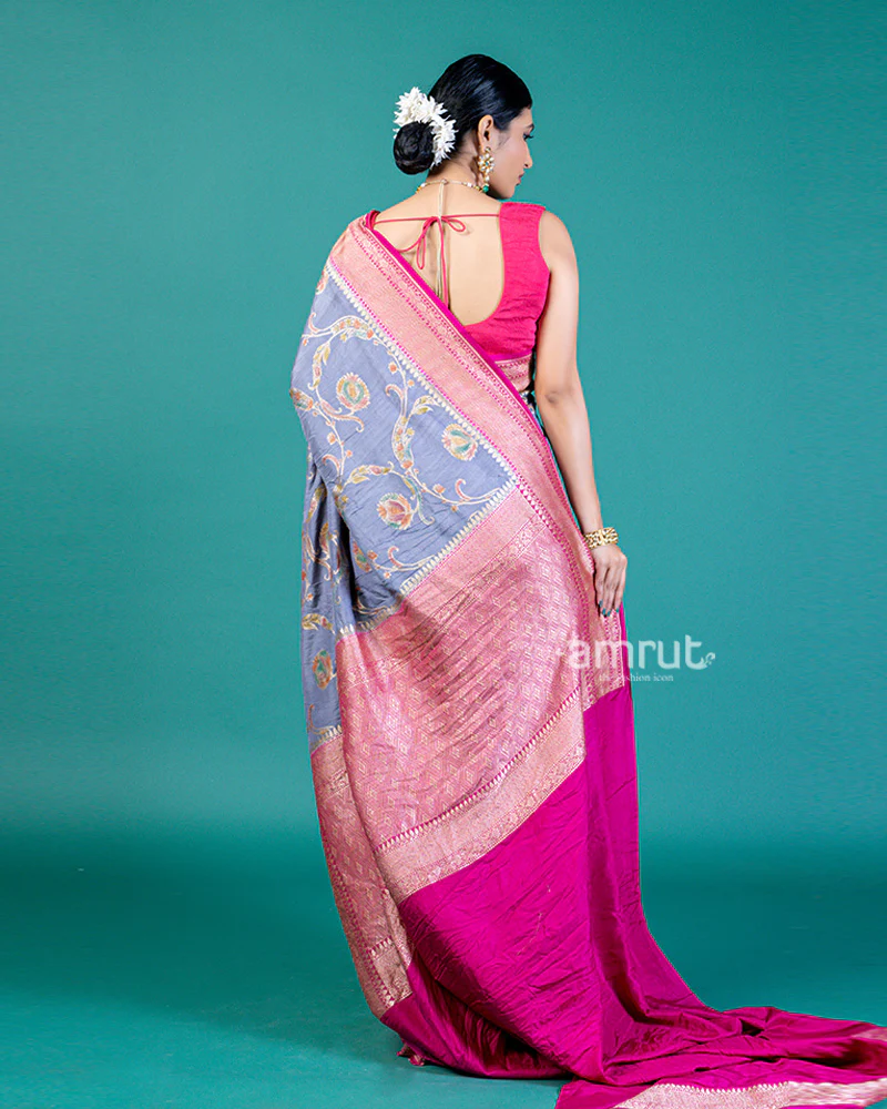 Blue-Grey Tussar Silk Saree with Zari Work and Vibrant Pallu, Unstitched Blouse - Image 5