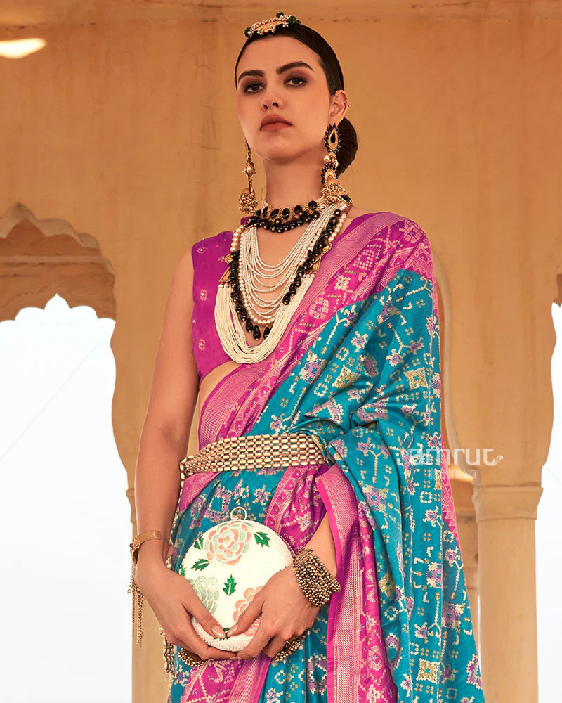 Blue Ikat Printed and Pink Contrast Border Patola Silk Saree with Unstitched Blouse - Image 2