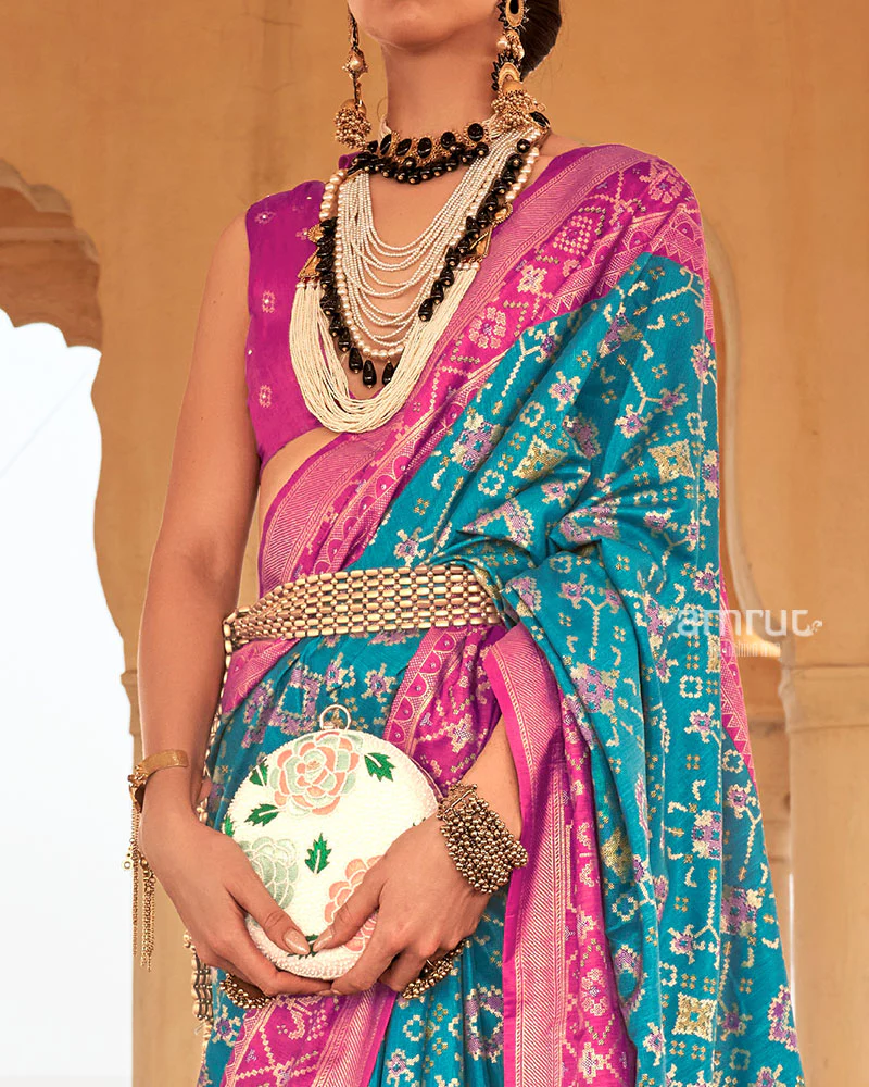 Blue Ikat Printed and Pink Contrast Border Patola Silk Saree with Unstitched Blouse - Image 3