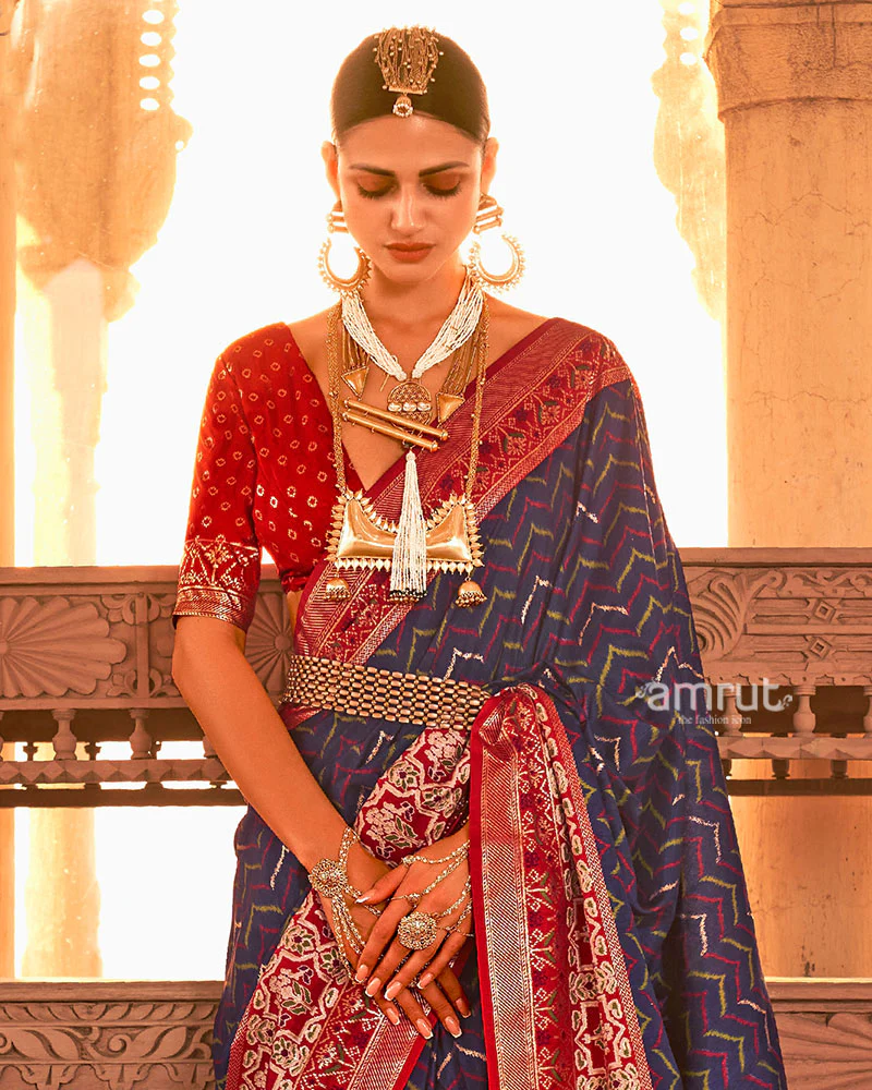 Blue Ikat Printed and Red Contrast Border Patola Silk Saree with Unstitched Blouse - Image 2