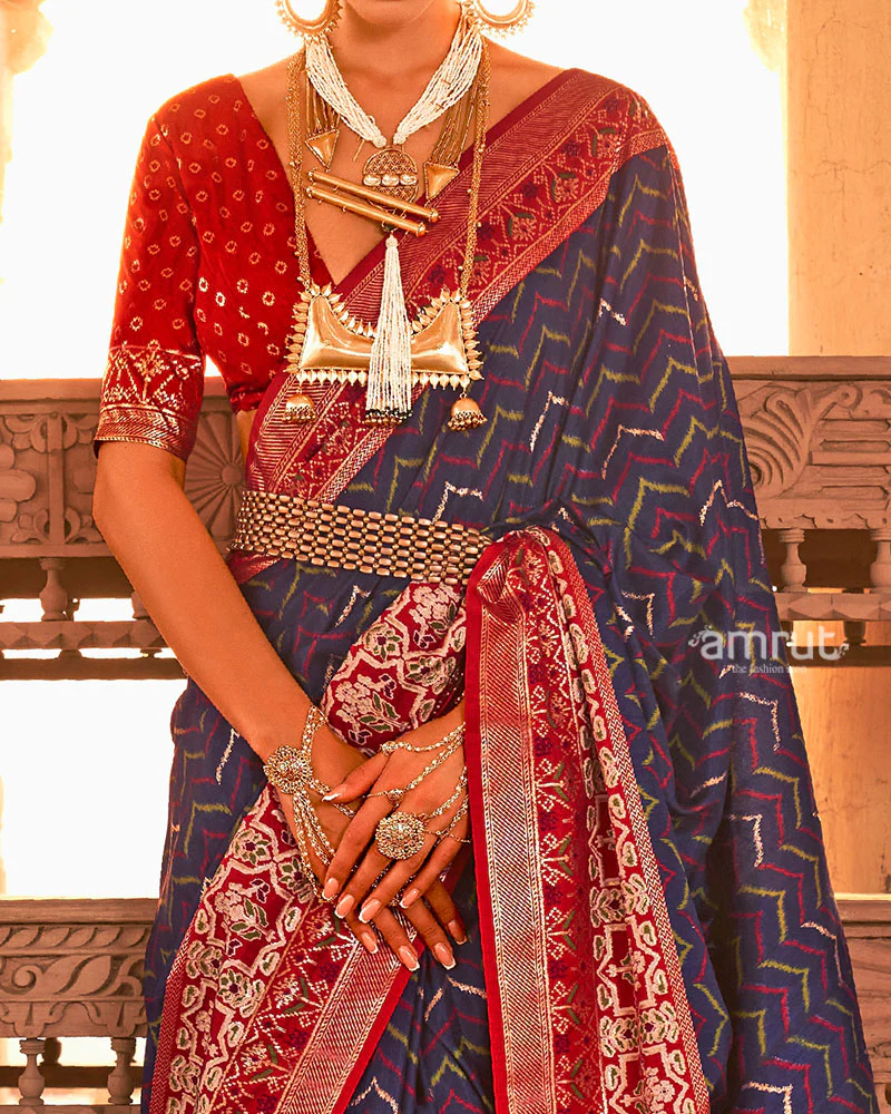 Blue Ikat Printed and Red Contrast Border Patola Silk Saree with Unstitched Blouse - Image 3