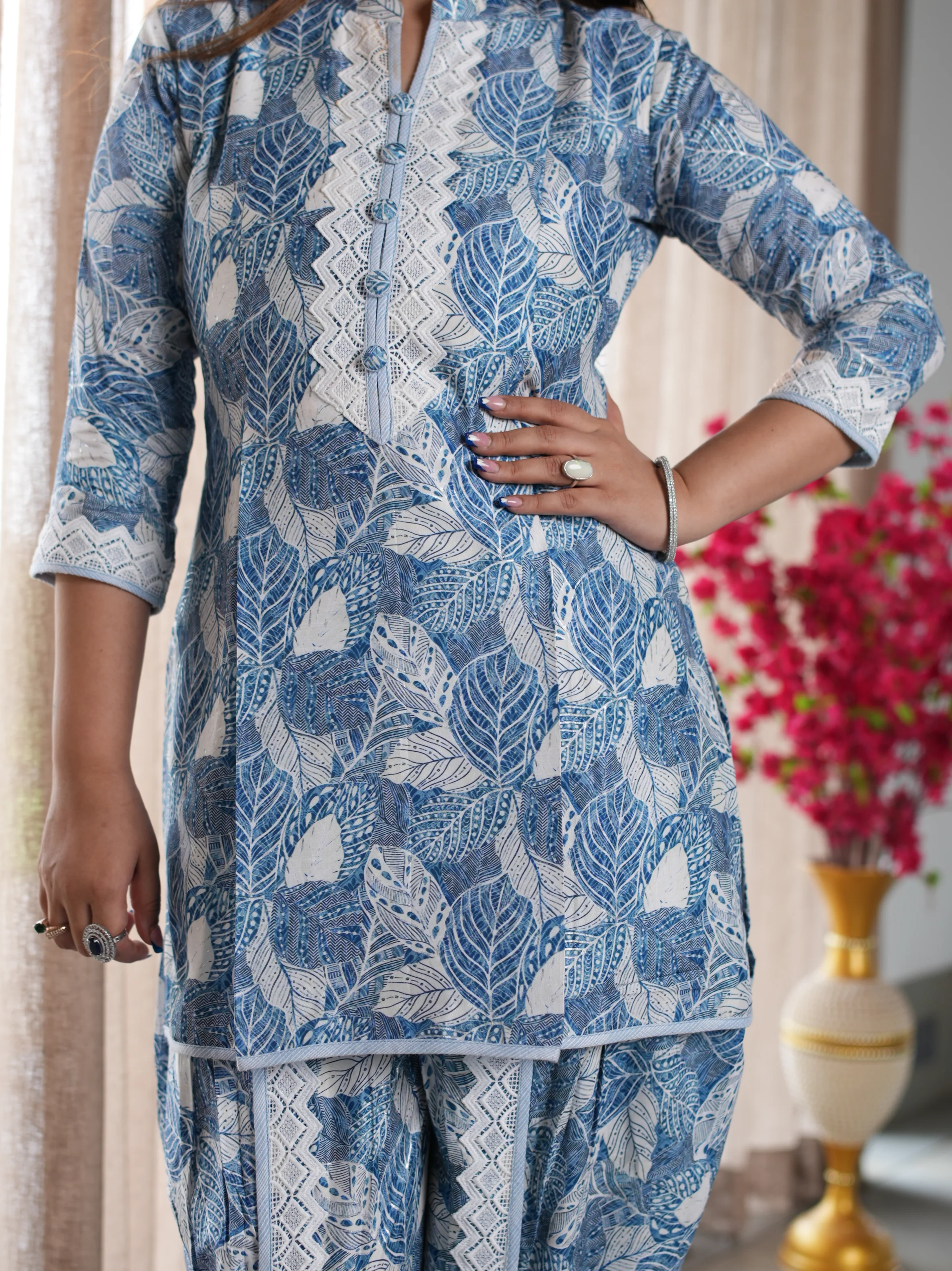 Blue Leaf Printed Cotton Ethnic Suit Set with Matching Handbag - Image 4