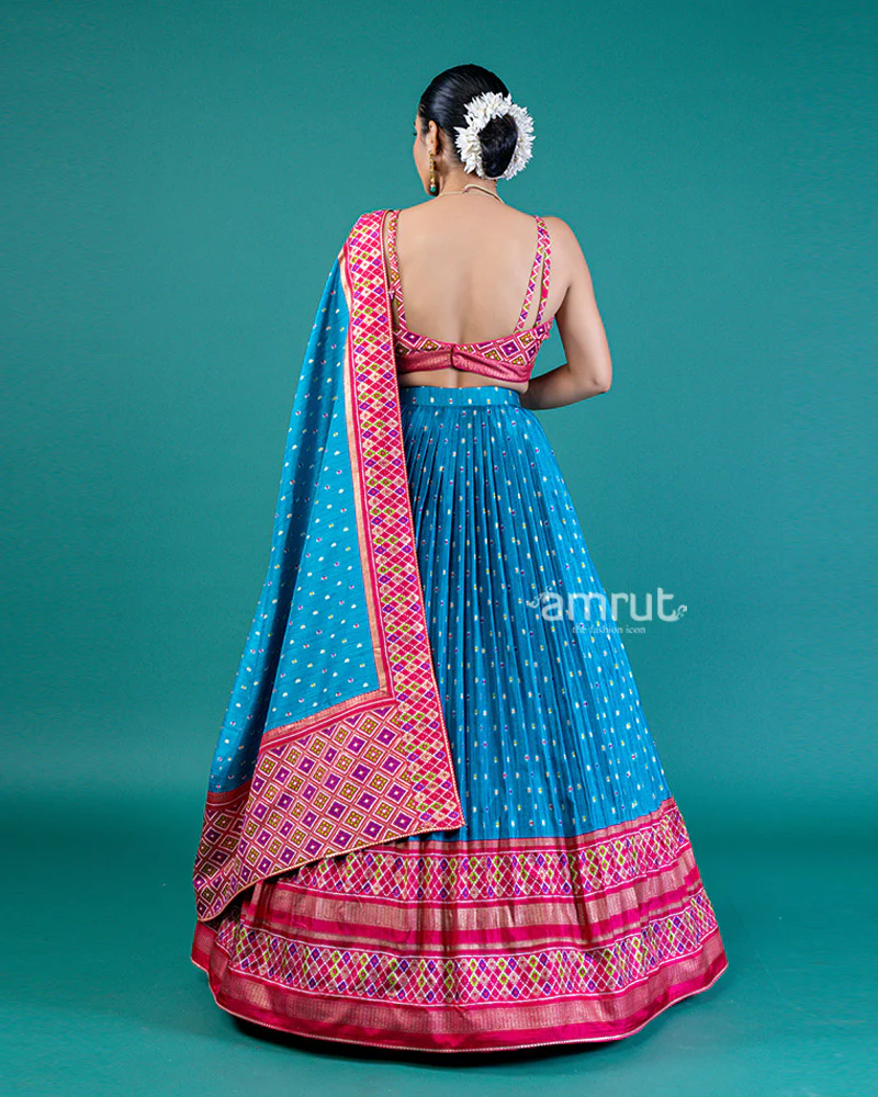 Blue Lehenga Choli Set with Intricate Borders & Matching Dupatta - Image 3